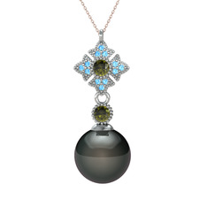 Teimei İnci Kolye - Siyah inci, peridot ve akuamarin 14 ayar beyaz altın kolye (40 cm rose altın rolo zincir) #1co52hg