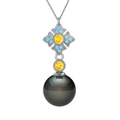 Teimei İnci Kolye - Siyah inci, sitrin ve akuamarin 8 ayar beyaz altın kolye (40 cm gümüş rolo zincir) #1covboy