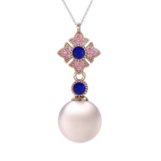 Teimei İnci Kolye - Pembe inci, lab safir ve pembe kuvars 14 ayar rose altın kolye (40 cm beyaz altın rolo zincir) #1crl1y3