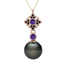 Teimei İnci Kolye - Siyah inci, ametist ve siyah zirkon 14 ayar rose altın kolye (40 cm altın rolo zincir) #1cuv13g