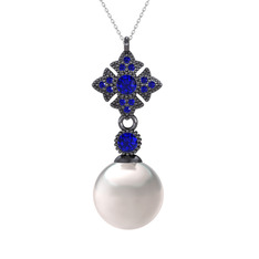 Inci ve lab safir 925 ayar siyah rodyum kaplama gümüş kolye (40 cm gümüş rolo zincir)