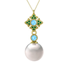 Teimei İnci Kolye - Inci, akuamarin ve yeşil kuvars 14 ayar altın kolye (40 cm altın rolo zincir) #1d20fum