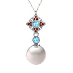 Teimei İnci Kolye - Inci, akuamarin ve garnet 925 ayar gümüş kolye (40 cm rose altın rolo zincir) #1dzwsud