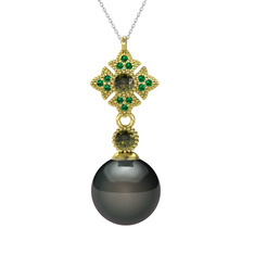 Teimei İnci Kolye - Siyah inci, peridot ve yeşil kuvars 8 ayar altın kolye (40 cm beyaz altın rolo zincir) #1egwci7