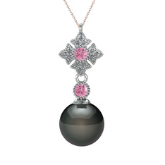 Teimei İnci Kolye - Siyah inci, pembe kuvars ve pırlanta 925 ayar gümüş kolye (0.1056 karat, 40 cm rose altın rolo zincir) #1ehefiu
