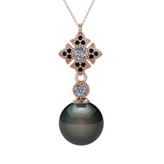 Teimei İnci Kolye - Siyah inci, pırlanta ve siyah zirkon 8 ayar rose altın kolye (0.22 karat, 40 cm rose altın rolo zincir) #1eykg0w