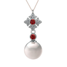Inci, garnet ve pırlanta 14 ayar beyaz altın kolye (0.1056 karat, 40 cm rose altın rolo zincir)