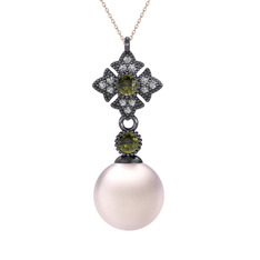 Teimei İnci Kolye - Pembe inci, peridot ve beyaz zirkon 925 ayar siyah rodyum kaplama gümüş kolye (40 cm gümüş rolo zincir) #1g6f9qg