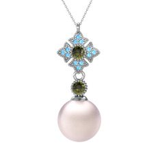 Teimei İnci Kolye - Pembe inci, peridot ve akuamarin 925 ayar gümüş kolye (40 cm beyaz altın rolo zincir) #1gajdsx