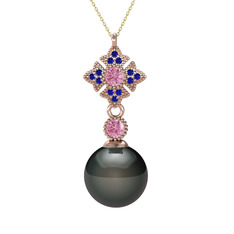Teimei İnci Kolye - Siyah inci, pembe kuvars ve lab safir 14 ayar rose altın kolye (40 cm altın rolo zincir) #1gcqowq