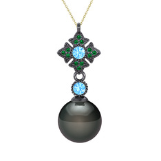 Siyah inci, akuamarin ve yeşil kuvars 925 ayar siyah rodyum kaplama gümüş kolye (40 cm altın rolo zincir)