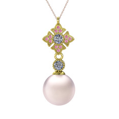 Pembe inci, pırlanta ve pembe kuvars 14 ayar altın kolye (0.22 karat, 40 cm rose altın rolo zincir)