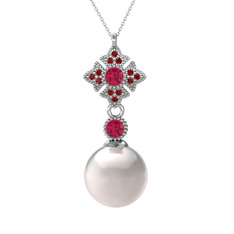 Teimei İnci Kolye - Inci, rodolit garnet ve garnet 14 ayar beyaz altın kolye (40 cm beyaz altın rolo zincir) #1getslo