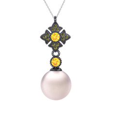 Teimei İnci Kolye - Pembe inci, sitrin ve peridot 925 ayar siyah rodyum kaplama gümüş kolye (40 cm beyaz altın rolo zincir) #1gkq5zr