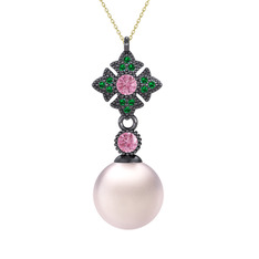 Teimei İnci Kolye - Pembe inci, pembe kuvars ve yeşil kuvars 925 ayar siyah rodyum kaplama gümüş kolye (40 cm altın rolo zincir) #1gnlhdr