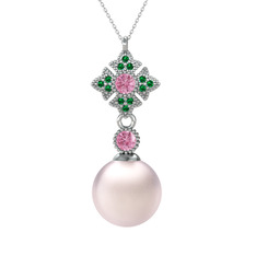 Pembe inci, pembe kuvars ve yeşil kuvars 925 ayar gümüş kolye (40 cm beyaz altın rolo zincir)