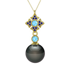 Teimei İnci Kolye - Siyah inci, akuamarin ve lab safir 14 ayar altın kolye (40 cm altın rolo zincir) #1h4ohit
