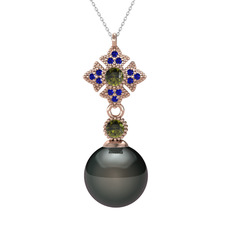 Siyah inci, peridot ve lab safir 925 ayar rose altın kaplama gümüş kolye (40 cm beyaz altın rolo zincir)