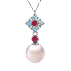 Teimei İnci Kolye - Pembe inci, rodolit garnet ve akuamarin 14 ayar beyaz altın kolye (40 cm gümüş rolo zincir) #1hrqc69