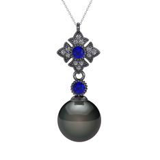 Teimei İnci Kolye - Siyah inci, lab safir ve pırlanta 925 ayar siyah rodyum kaplama gümüş kolye (0.1056 karat, 40 cm beyaz altın rolo zincir) #1i838cj