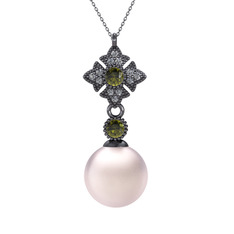 Pembe inci, peridot ve pırlanta 925 ayar siyah rodyum kaplama gümüş kolye (0.1056 karat, 40 cm gümüş rolo zincir)