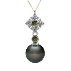Siyah inci, peridot ve pırlanta 14 ayar beyaz altın kolye (0.1056 karat, 40 cm rose altın rolo zincir)