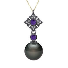 Teimei İnci Kolye - Siyah inci, ametist ve beyaz zirkon 925 ayar siyah rodyum kaplama gümüş kolye (40 cm gümüş rolo zincir) #1imgfls