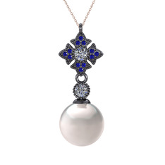 Teimei İnci Kolye - Inci, pırlanta ve lab safir 925 ayar siyah rodyum kaplama gümüş kolye (0.22 karat, 40 cm rose altın rolo zincir) #1iqciud