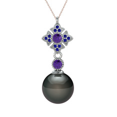 Teimei İnci Kolye - Siyah inci, ametist ve lab safir 14 ayar beyaz altın kolye (40 cm rose altın rolo zincir) #1j4evux