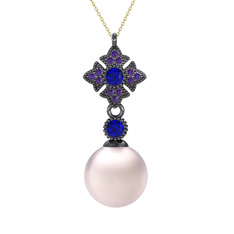 Teimei İnci Kolye - Pembe inci, lab safir ve ametist 925 ayar siyah rodyum kaplama gümüş kolye (40 cm altın rolo zincir) #1jauust