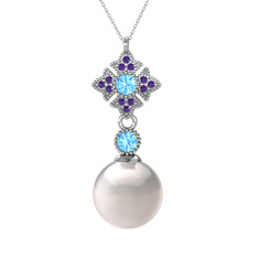 Teimei İnci Kolye - Inci, akuamarin ve ametist 8 ayar beyaz altın kolye (40 cm beyaz altın rolo zincir) #1k0ruht