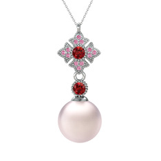 Teimei İnci Kolye - Pembe inci, garnet ve pembe kuvars 8 ayar beyaz altın kolye (40 cm beyaz altın rolo zincir) #1khkxu0