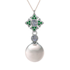 Teimei İnci Kolye - Inci, pırlanta ve yeşil kuvars 925 ayar gümüş kolye (0.22 karat, 40 cm gümüş rolo zincir) #1ks0izg