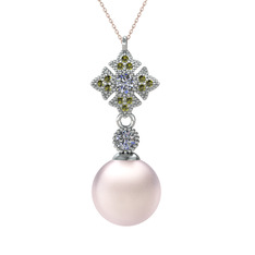 Teimei İnci Kolye - Pembe inci, pırlanta ve peridot 8 ayar beyaz altın kolye (0.22 karat, 40 cm rose altın rolo zincir) #1kwj4aa