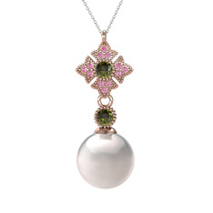 Inci, peridot ve pembe kuvars 14 ayar rose altın kolye (40 cm gümüş rolo zincir)