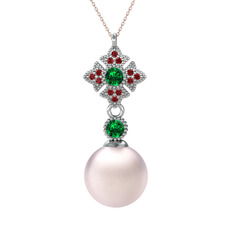 Teimei İnci Kolye - Pembe inci, yeşil kuvars ve garnet 14 ayar beyaz altın kolye (40 cm rose altın rolo zincir) #1lb9hfn