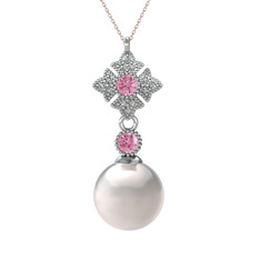 Teimei İnci Kolye - Inci, pembe kuvars ve beyaz zirkon 14 ayar beyaz altın kolye (40 cm rose altın rolo zincir) #1leli77
