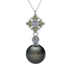 Teimei İnci Kolye - Siyah inci, pırlanta ve peridot 8 ayar beyaz altın kolye (0.22 karat, 40 cm rose altın rolo zincir) #1lph31k