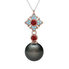 Siyah inci, garnet ve akuamarin 8 ayar rose altın kolye (40 cm beyaz altın rolo zincir)