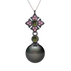 Teimei İnci Kolye - Siyah inci, peridot ve pembe kuvars 925 ayar siyah rodyum kaplama gümüş kolye (40 cm rose altın rolo zincir) #1lvw39v