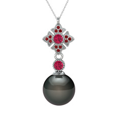 Teimei İnci Kolye - Siyah inci, rodolit garnet ve garnet 8 ayar beyaz altın kolye (40 cm beyaz altın rolo zincir) #1lxz95b