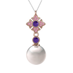 Teimei İnci Kolye - Inci, ametist ve pembe kuvars 14 ayar rose altın kolye (40 cm beyaz altın rolo zincir) #1mebedt