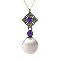 Teimei İnci Kolye - Inci, ametist ve peridot 925 ayar siyah rodyum kaplama gümüş kolye (40 cm altın rolo zincir) #1msanu1