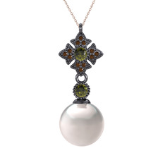 Teimei İnci Kolye - Inci, peridot ve dumanlı kuvars 925 ayar siyah rodyum kaplama gümüş kolye (40 cm gümüş rolo zincir) #1mubbya