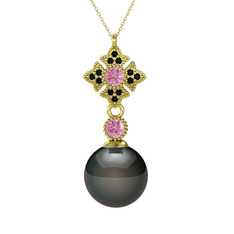 Siyah inci, pembe kuvars ve siyah zirkon 14 ayar altın kolye (40 cm gümüş rolo zincir)