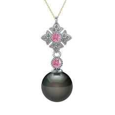 Teimei İnci Kolye - Siyah inci, pembe kuvars ve pırlanta 8 ayar beyaz altın kolye (0.1056 karat, 40 cm altın rolo zincir) #1nzhetq