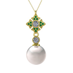 Teimei İnci Kolye - Inci, pırlanta ve yeşil kuvars 8 ayar altın kolye (0.22 karat, 40 cm gümüş rolo zincir) #1o1lhqo