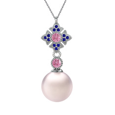 Pembe inci, pembe kuvars ve lab safir 8 ayar beyaz altın kolye (40 cm gümüş rolo zincir)