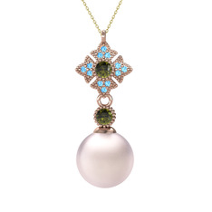 Teimei İnci Kolye - Pembe inci, peridot ve akuamarin 925 ayar rose altın kaplama gümüş kolye (40 cm altın rolo zincir) #1opq2lw