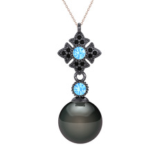 Teimei İnci Kolye - Siyah inci, akuamarin ve siyah zirkon 925 ayar siyah rodyum kaplama gümüş kolye (40 cm gümüş rolo zincir) #1p1l8r6